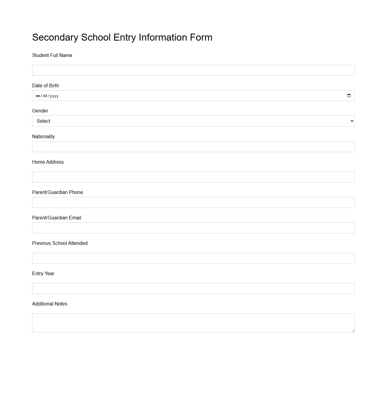 Secondary School Entry Information Form