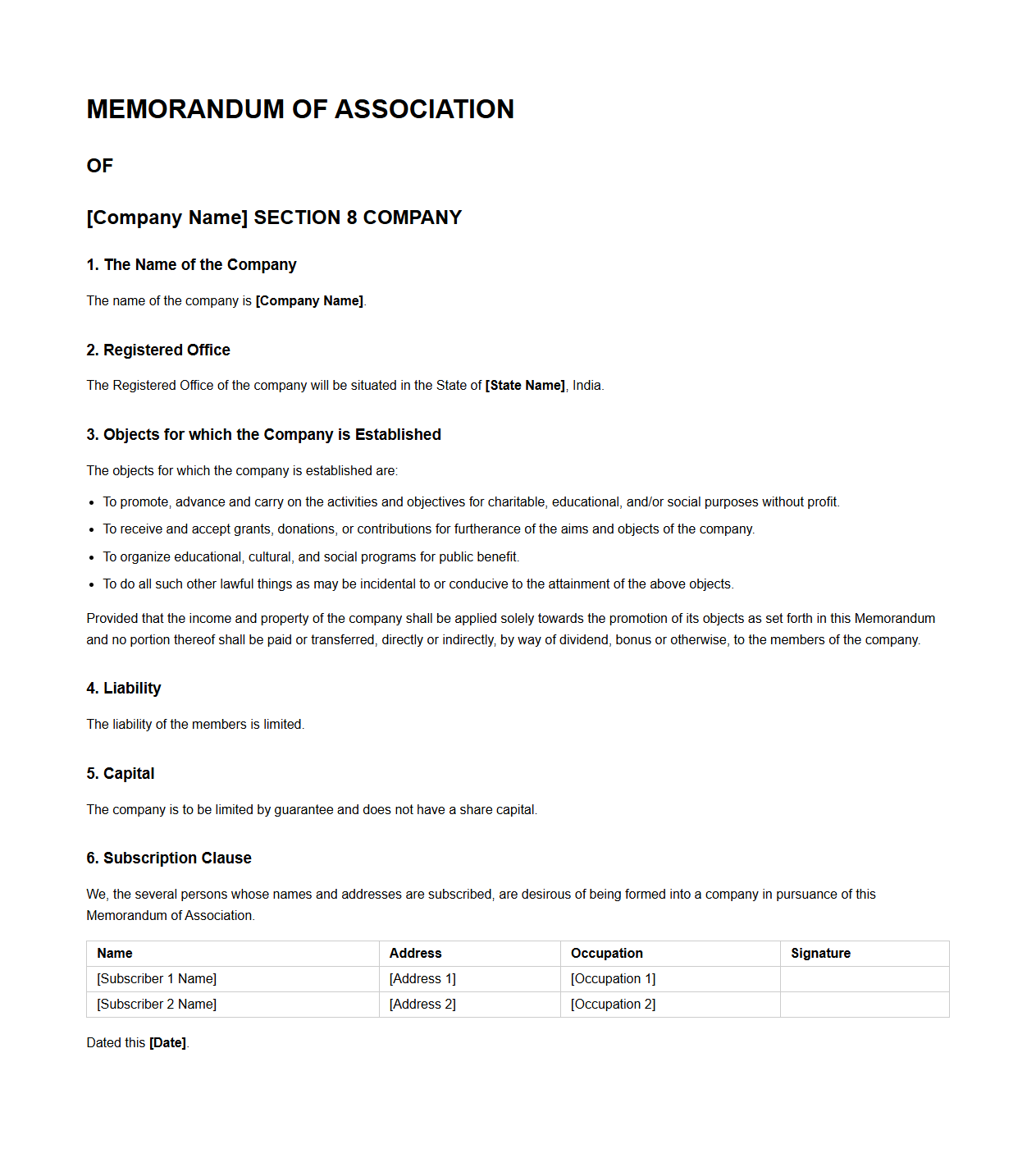 Section 8 Company MOA Sample