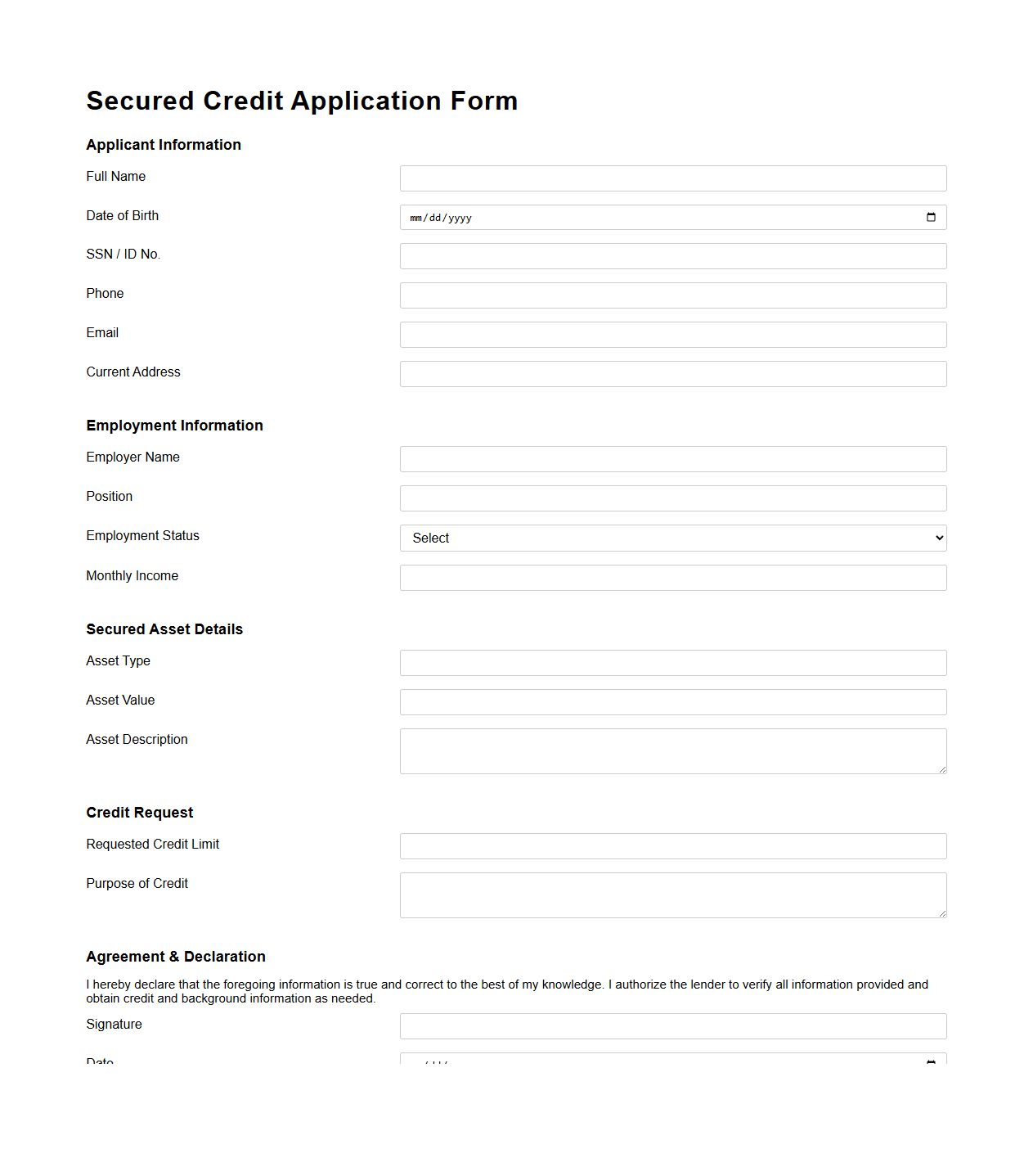 Secured Credit Application Form Template