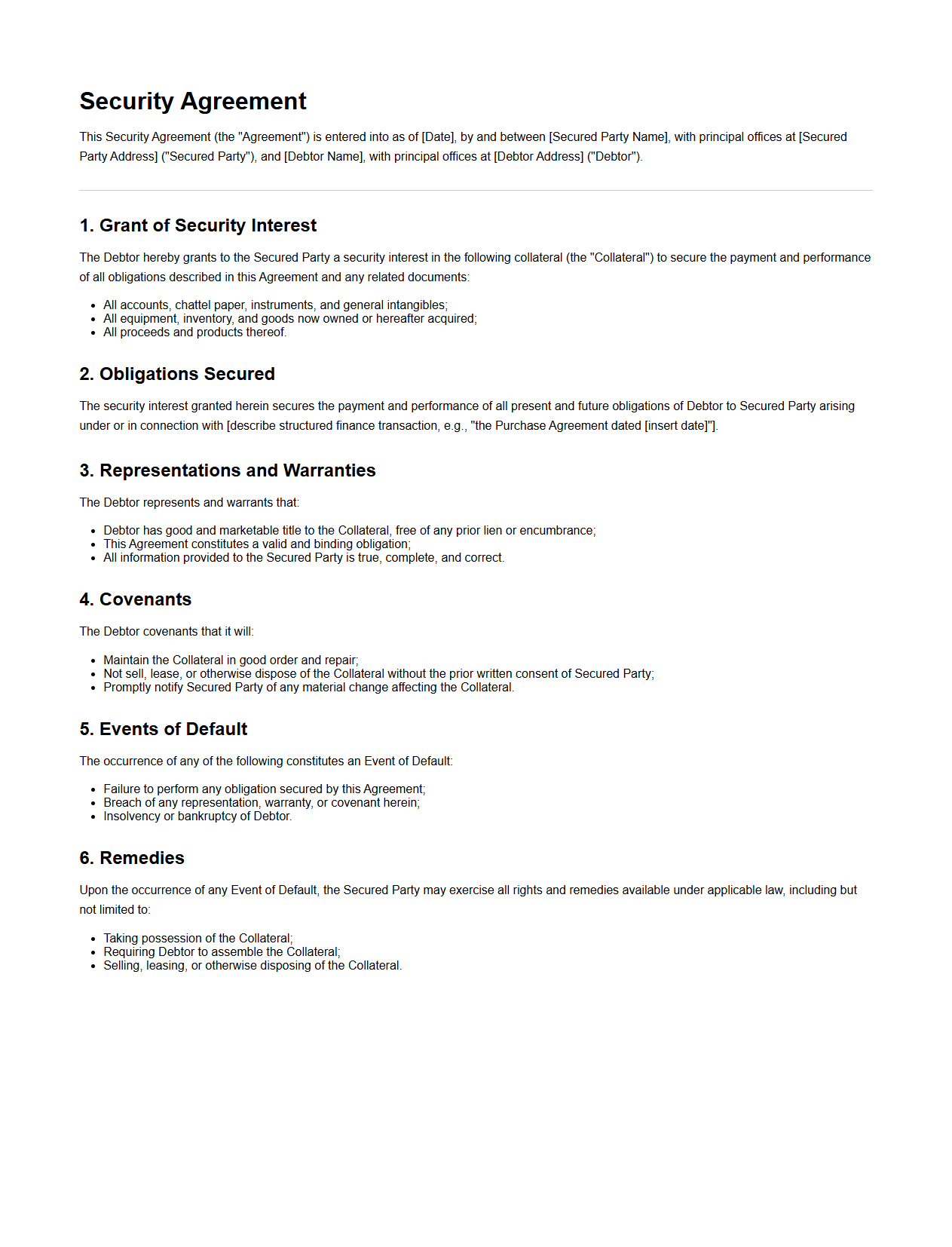 Security Agreement Template for Structured Finance