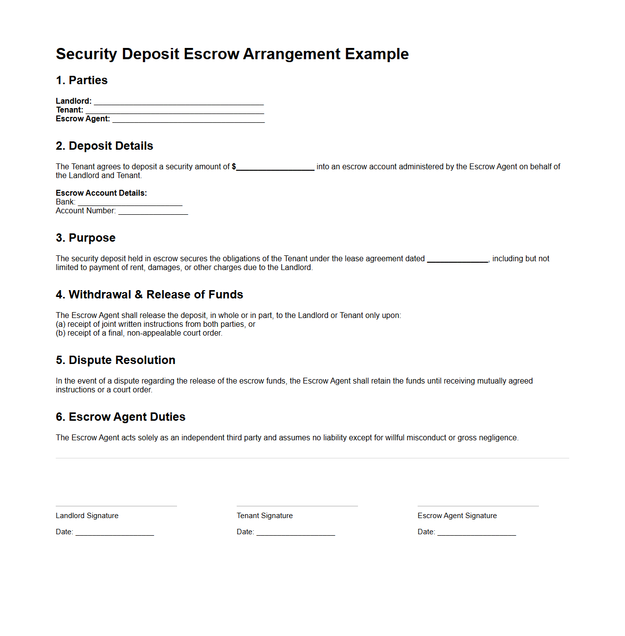Security Deposit Escrow Arrangement Example