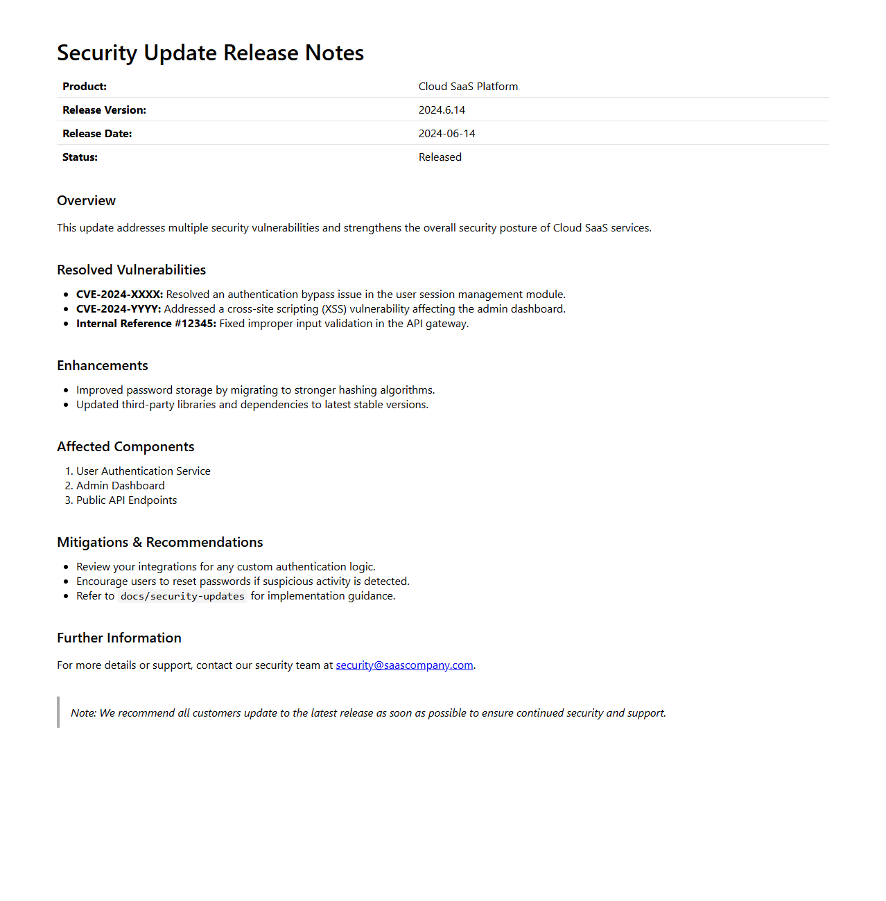 Security Update Release Notes Example for Cloud SaaS
