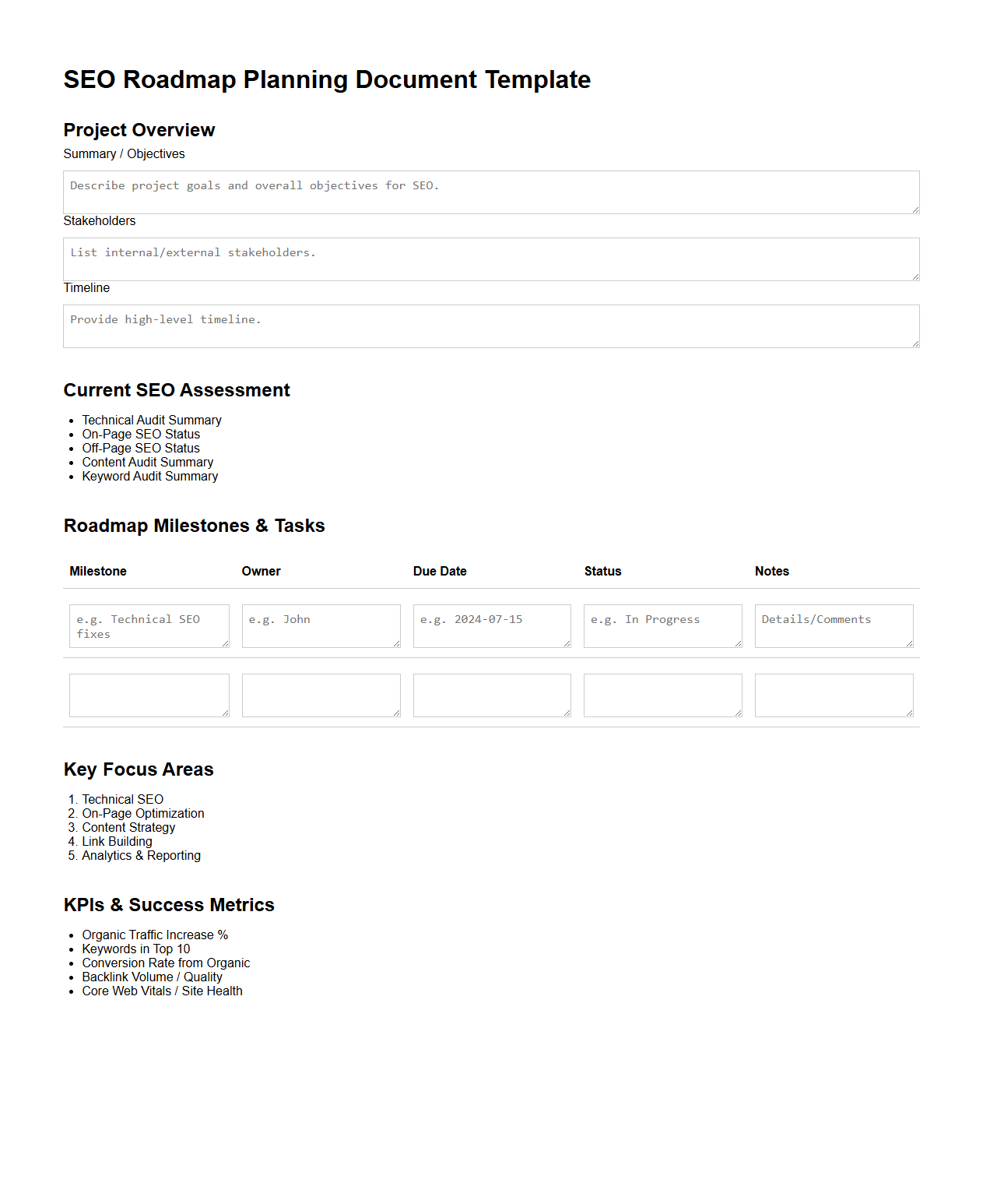 SEO Roadmap Planning Document Template