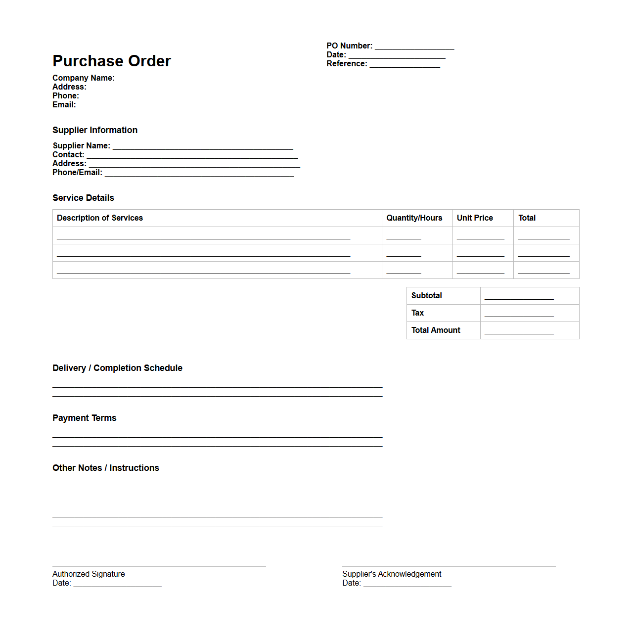 Services Purchase Order Template for Procurement