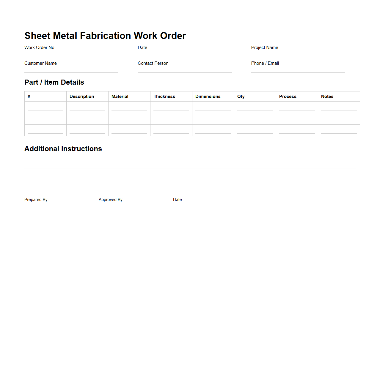 Sheet Metal Fabrication Work Order Sample