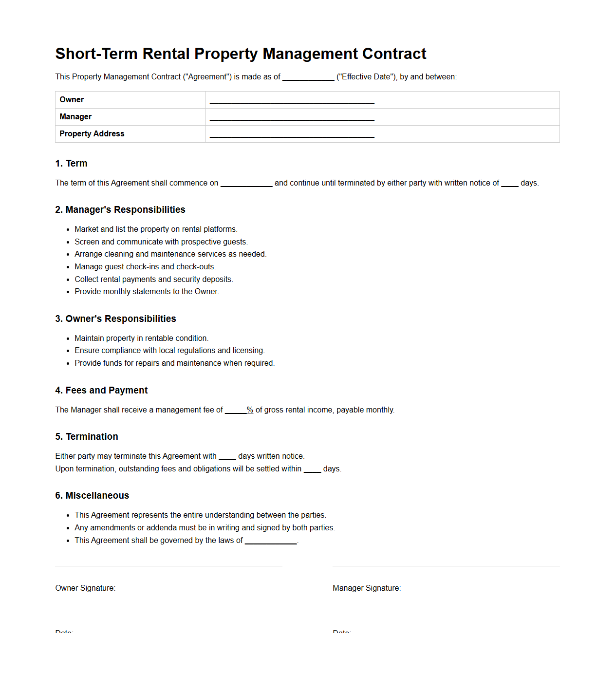 Short-Term Rental Property Management Contract Format