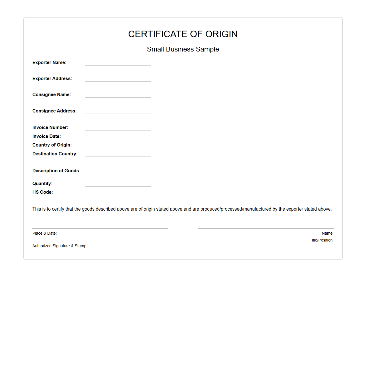 Simple Certificate of Origin Sample for Small Businesses