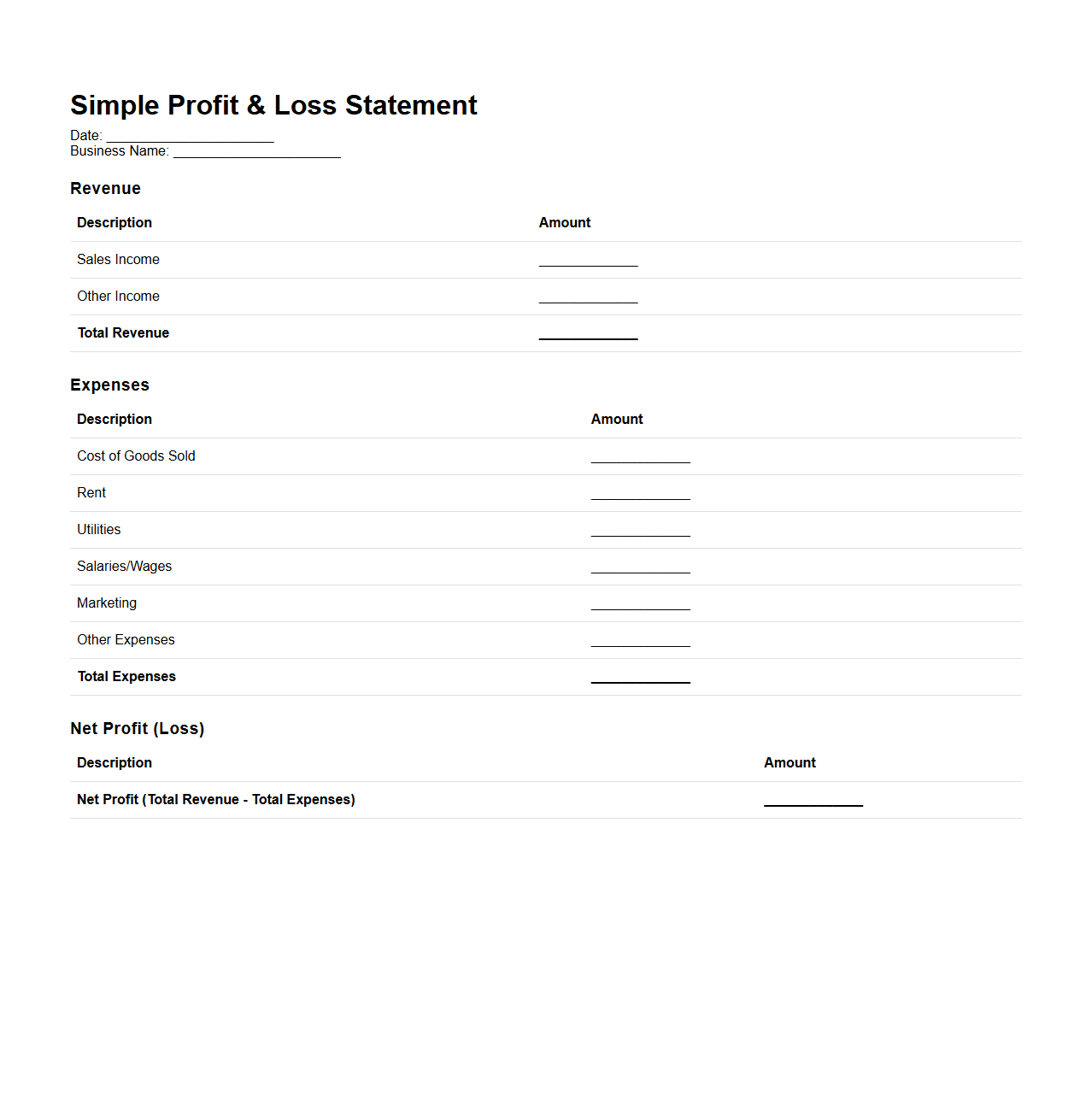 Simple P&L Statement Format for Sole Proprietorship