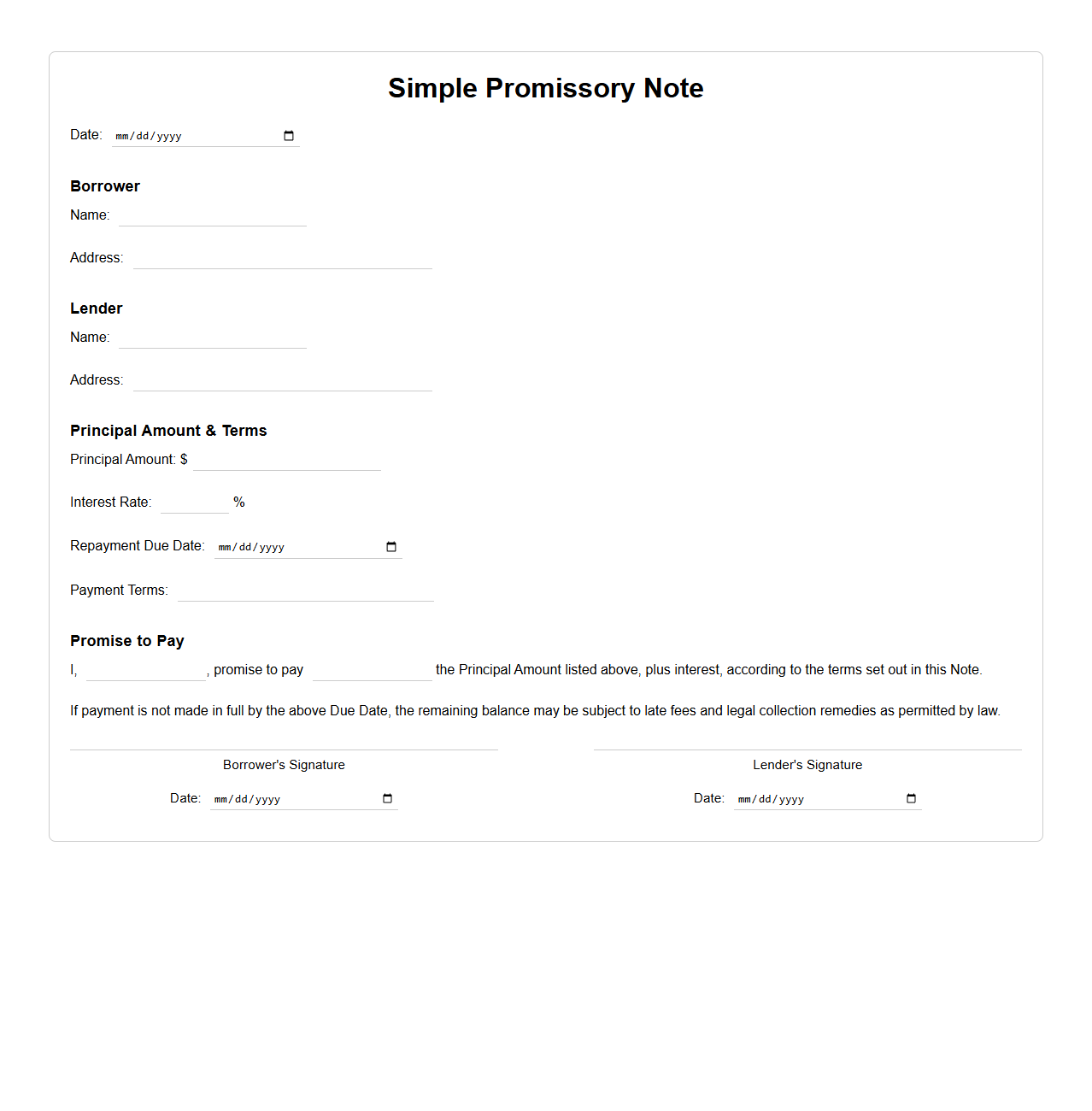 Simple Promissory Note Template for Personal Loan