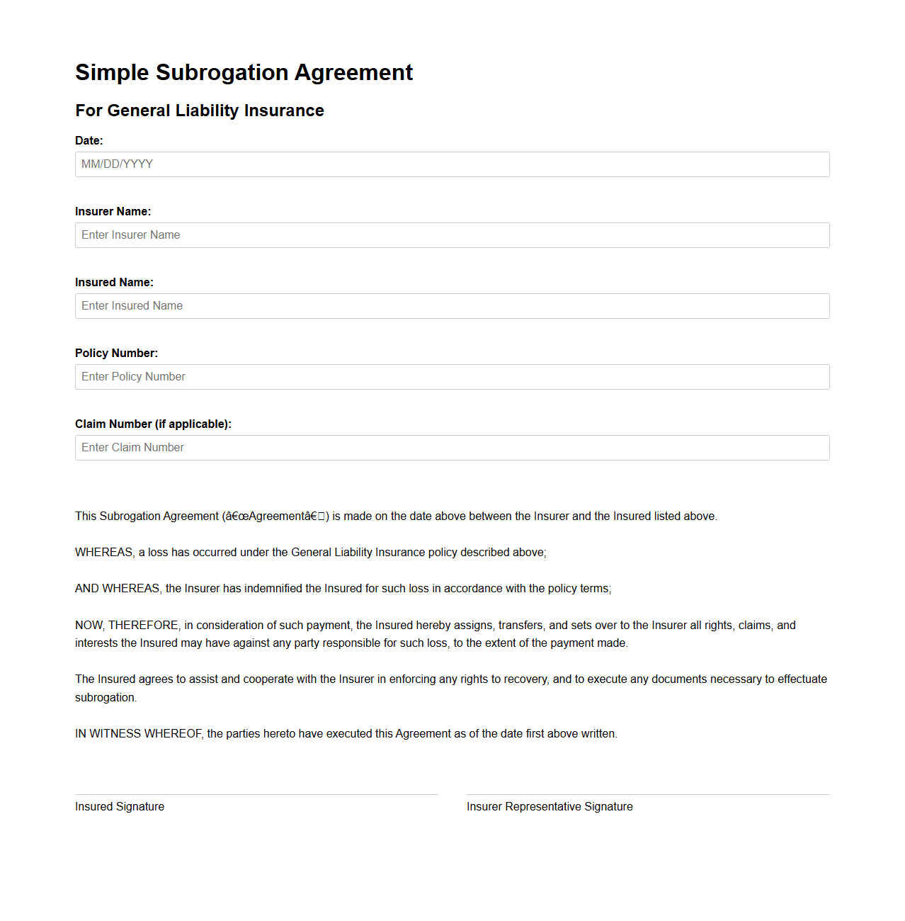 Simple Subrogation Agreement for General Liability Insurance