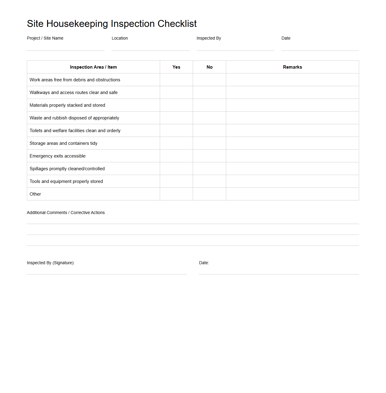 Site Housekeeping Inspection Checklist