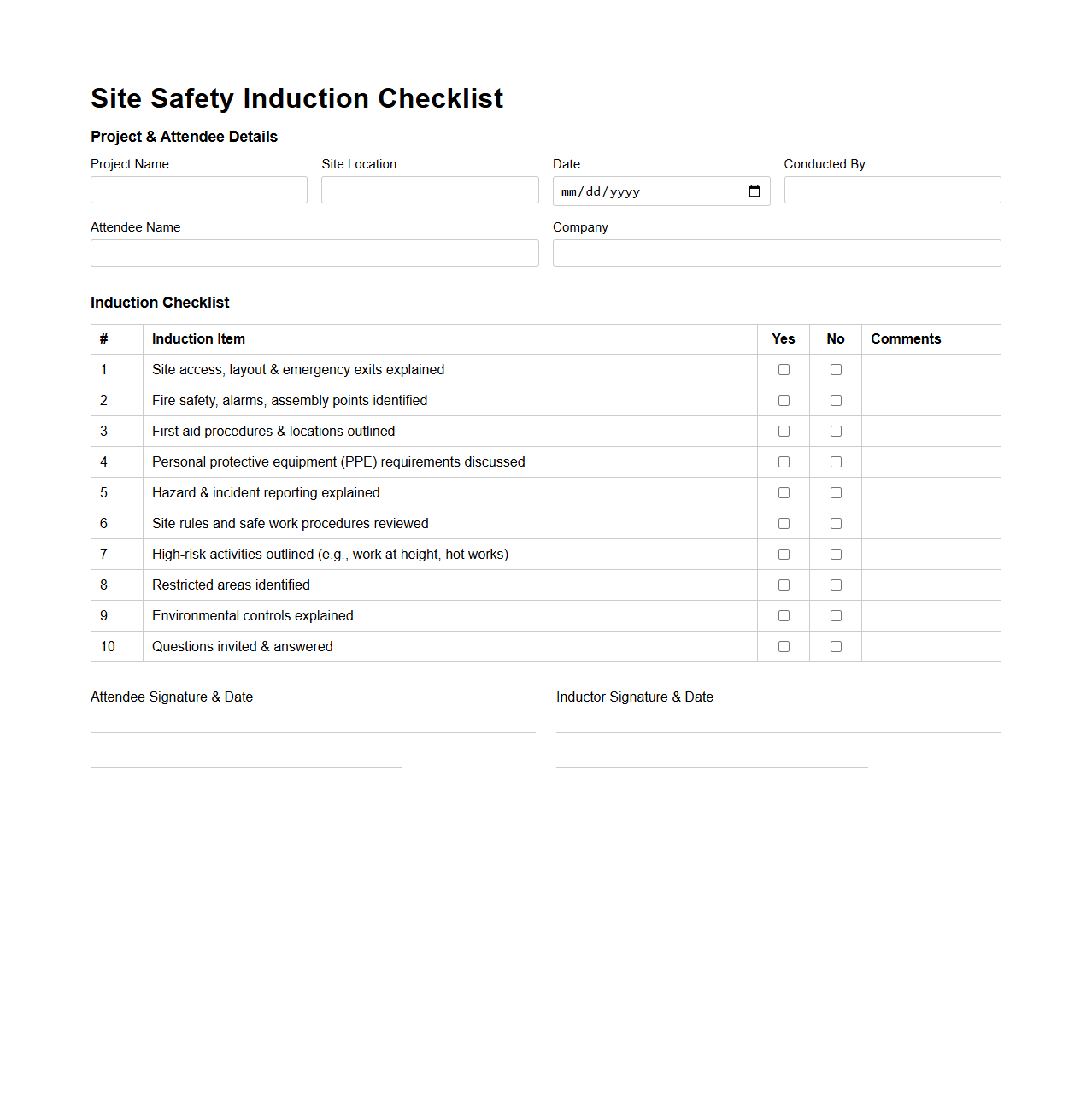 Site Safety Induction Checklist