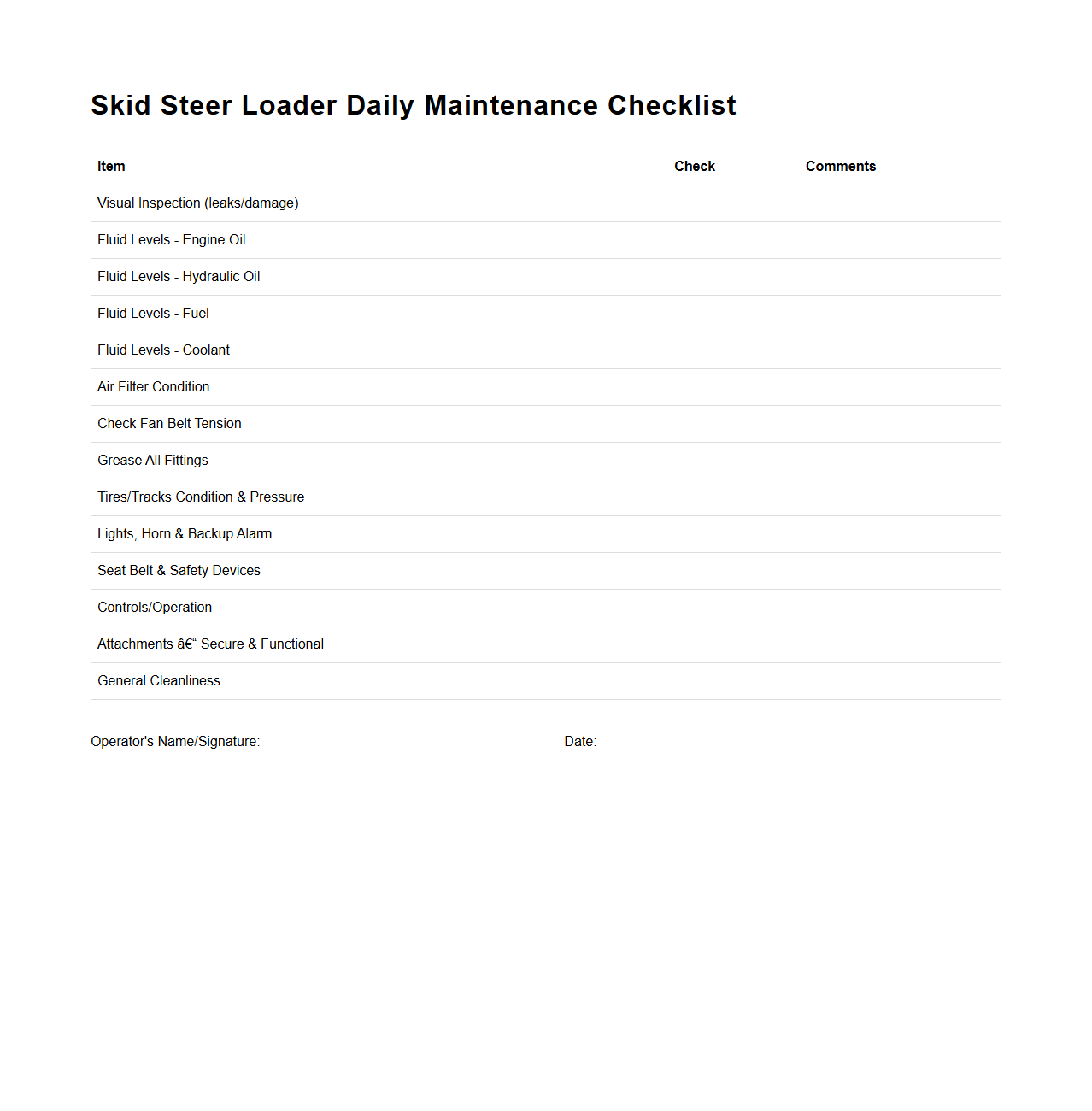 Skid Steer Loader Daily Maintenance Checklist