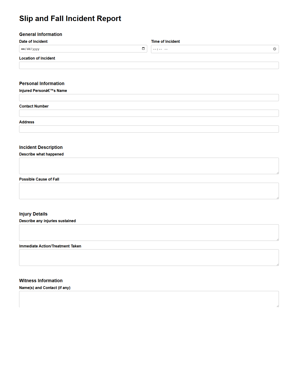 Slip and Fall Incident Report for Insurance Purposes