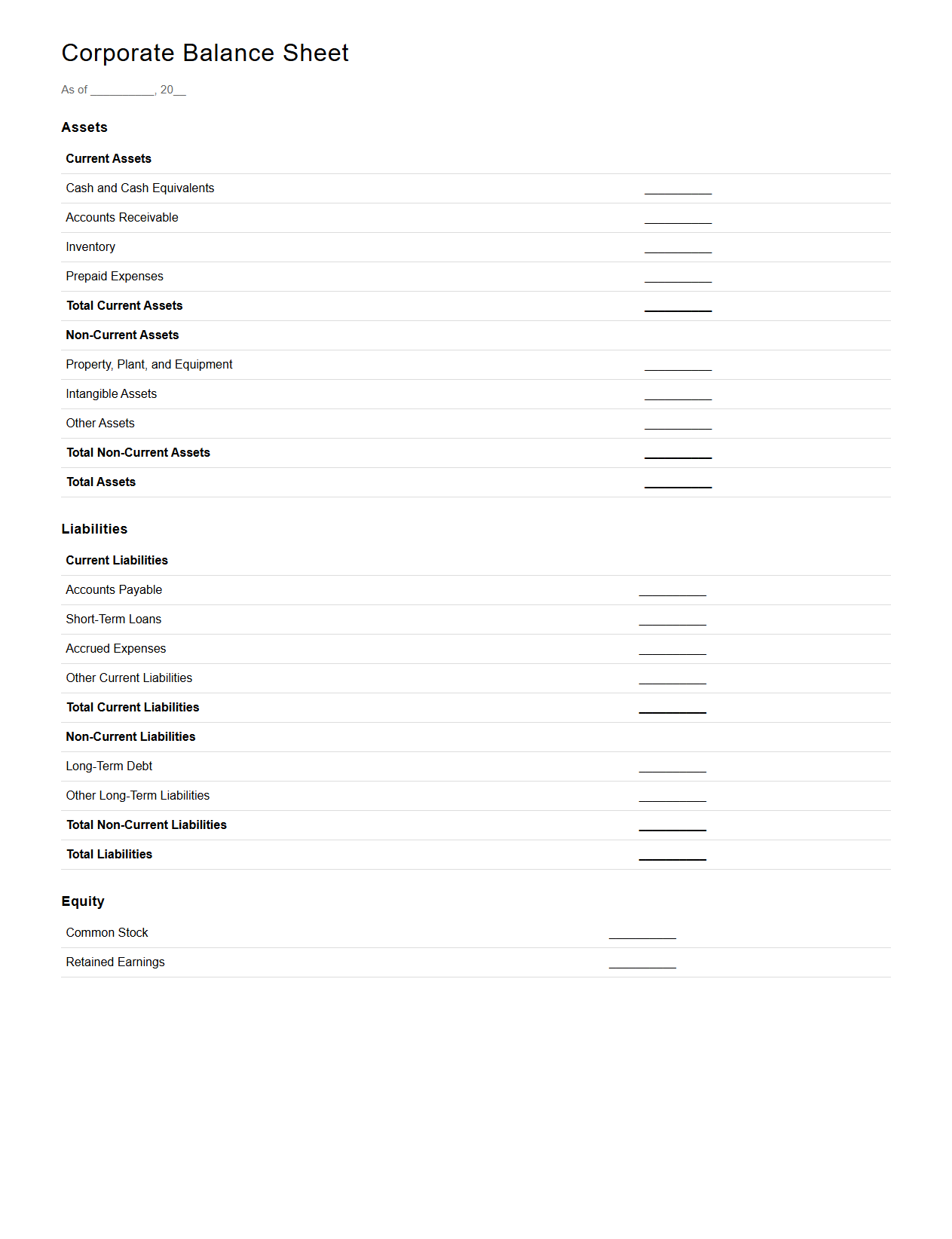 Small Business Corporate Balance Sheet Template