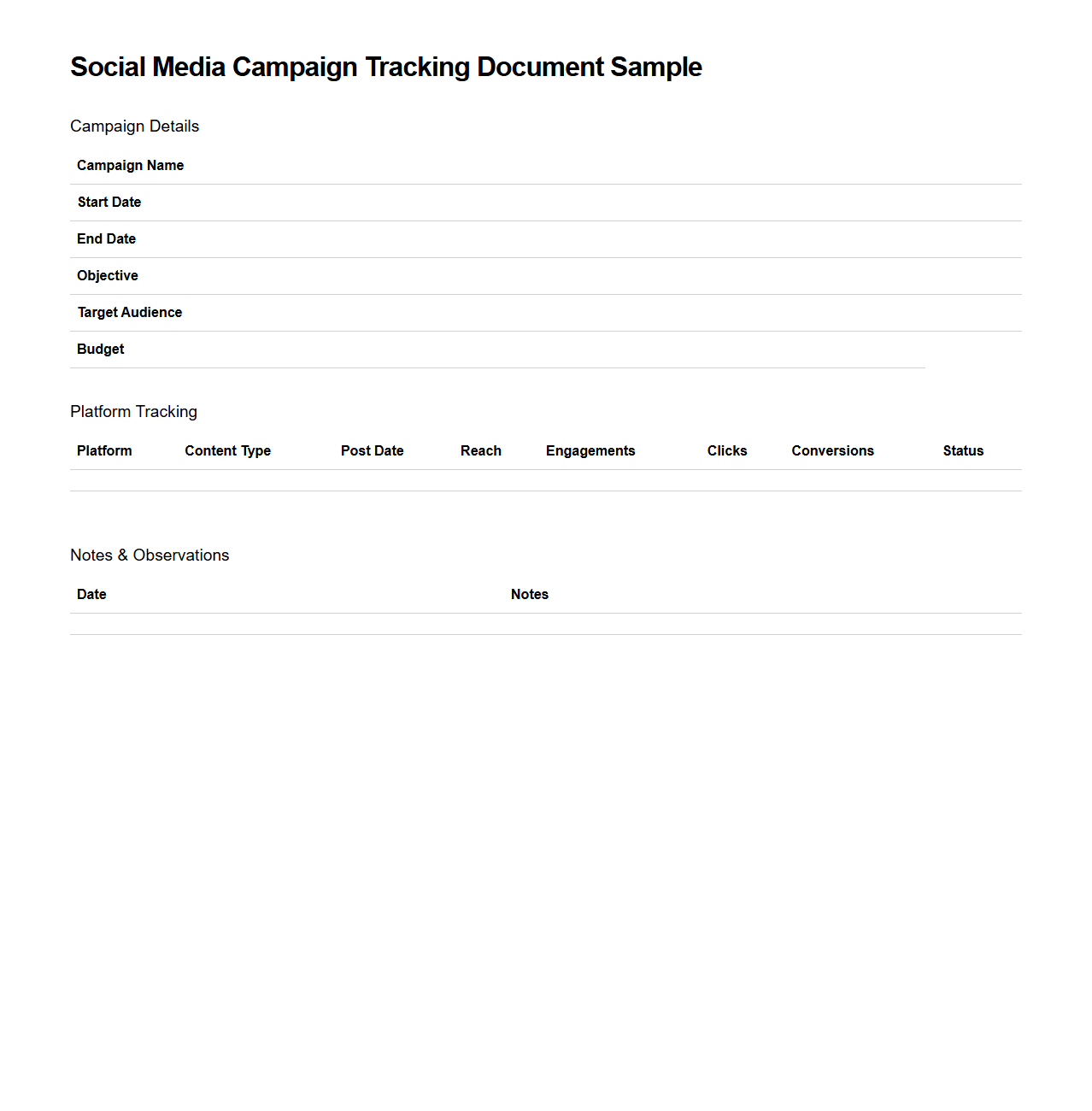 Social Media Campaign Tracking Document Sample