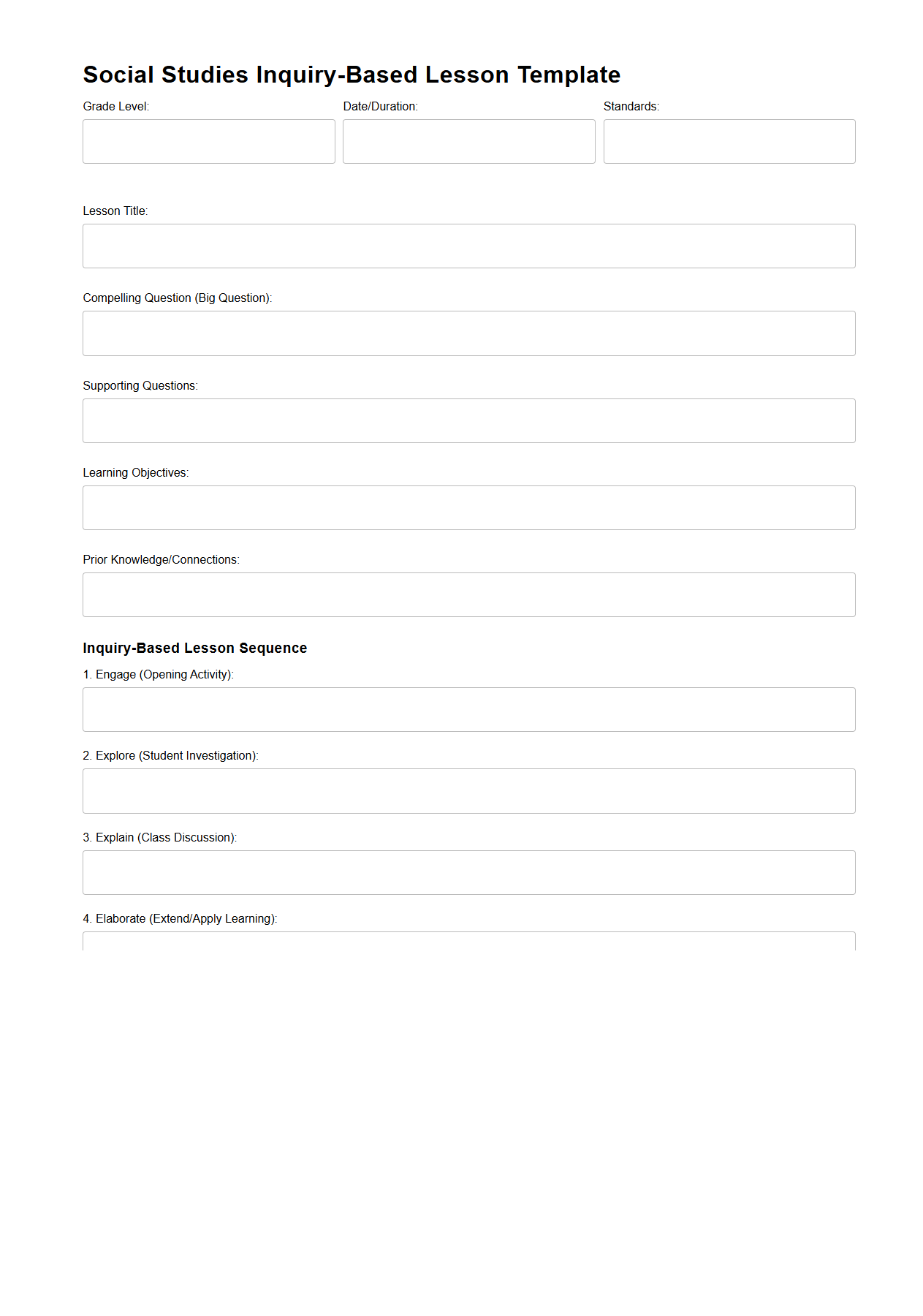 Social Studies Inquiry-Based Lesson Template