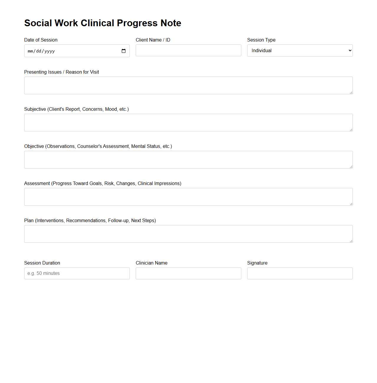Social Work Clinical Progress Note Template