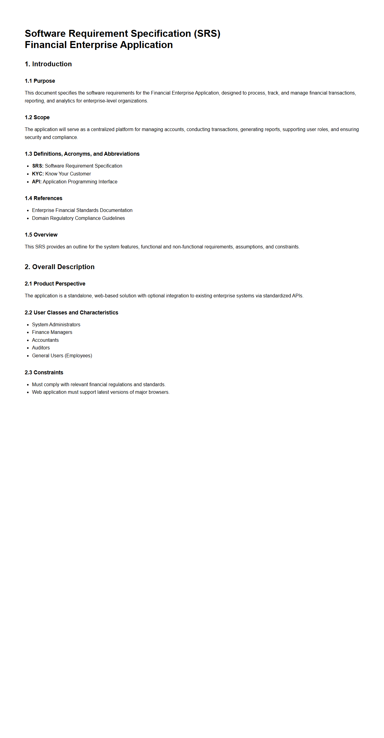 Software Requirement Specification for Financial Enterprise Applications