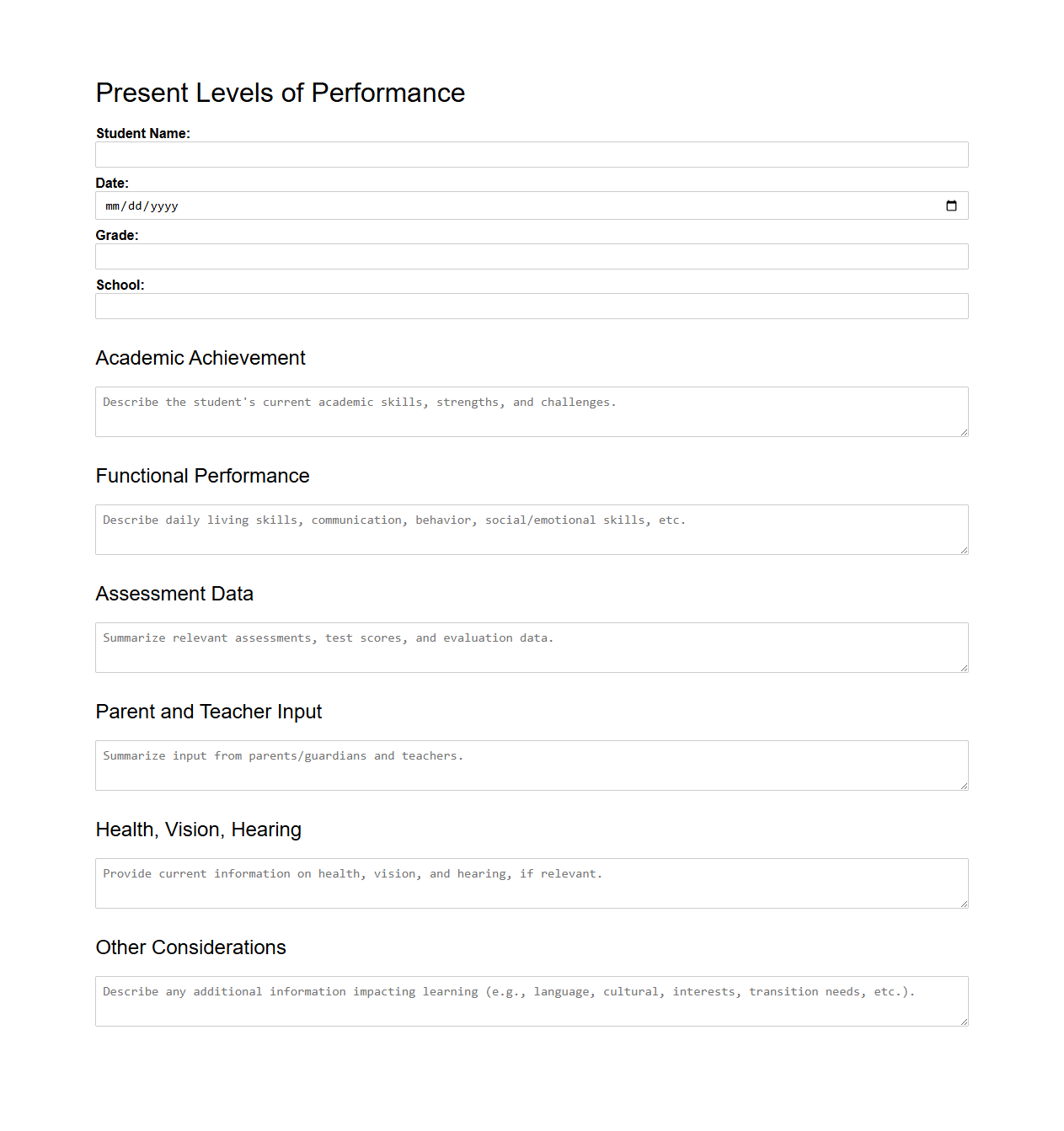 Special Education Present Levels of Performance Sample