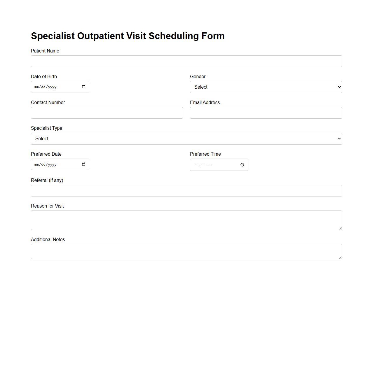 Specialist Outpatient Visit Scheduling Form