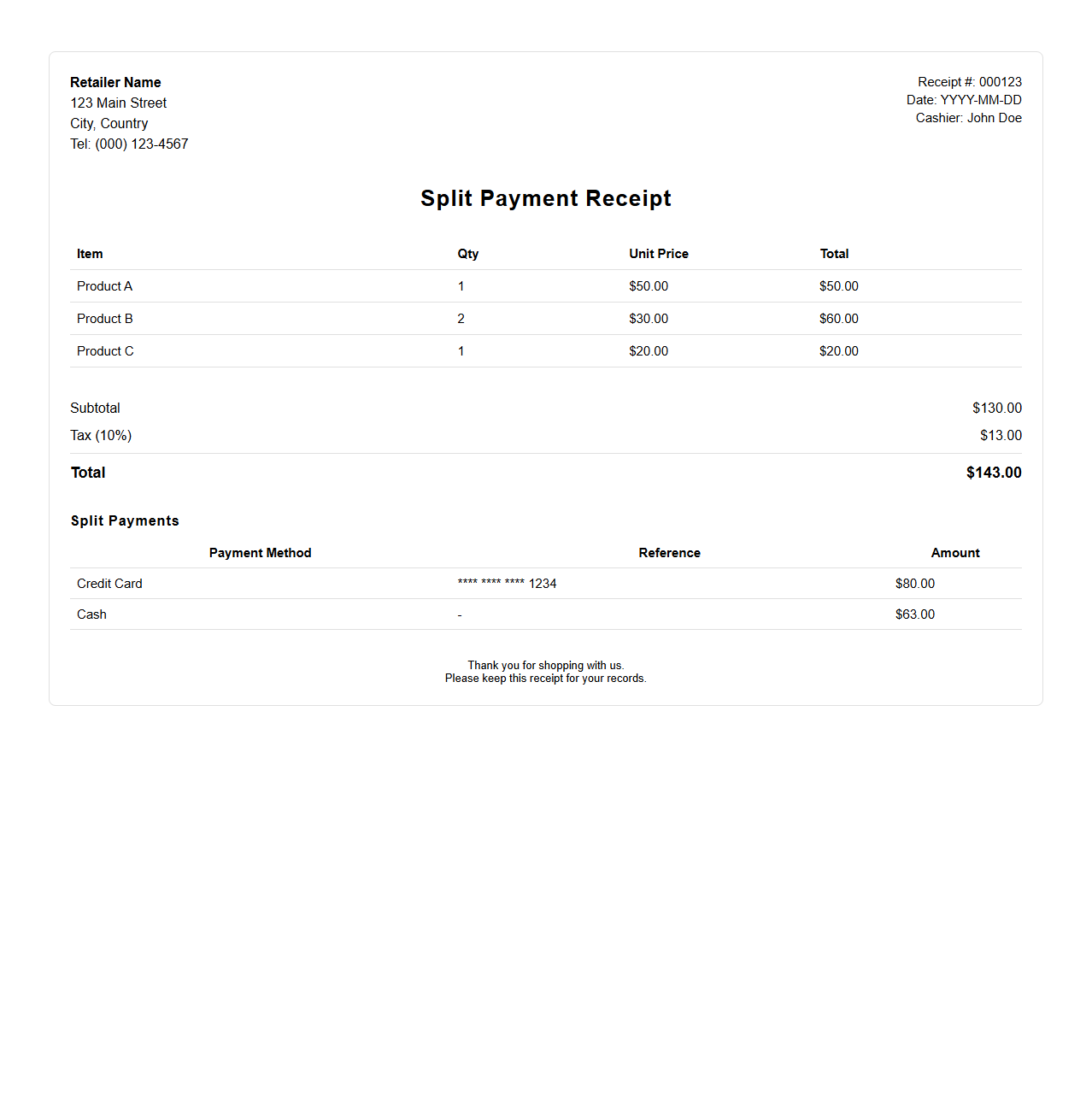 Split Payment Receipt Design for Retail Transactions