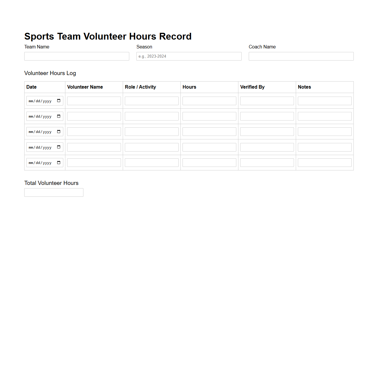 Sports Team Volunteer Hours Record