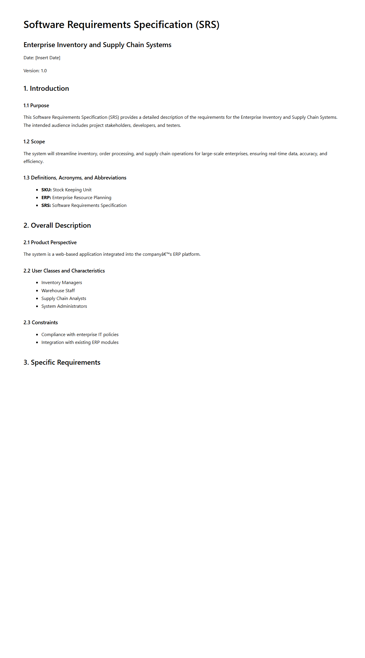 SRS Example for Enterprise Inventory and Supply Chain Systems