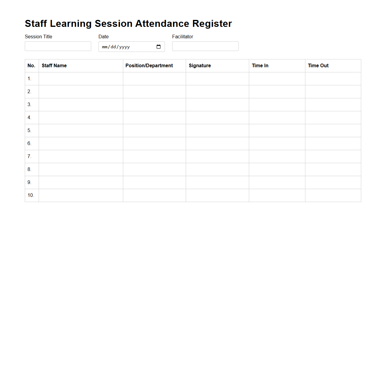 Staff Learning Session Attendance Register