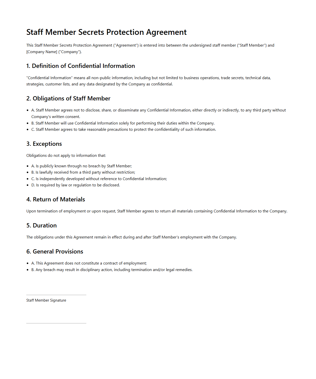 Staff Member Secrets Protection Agreement