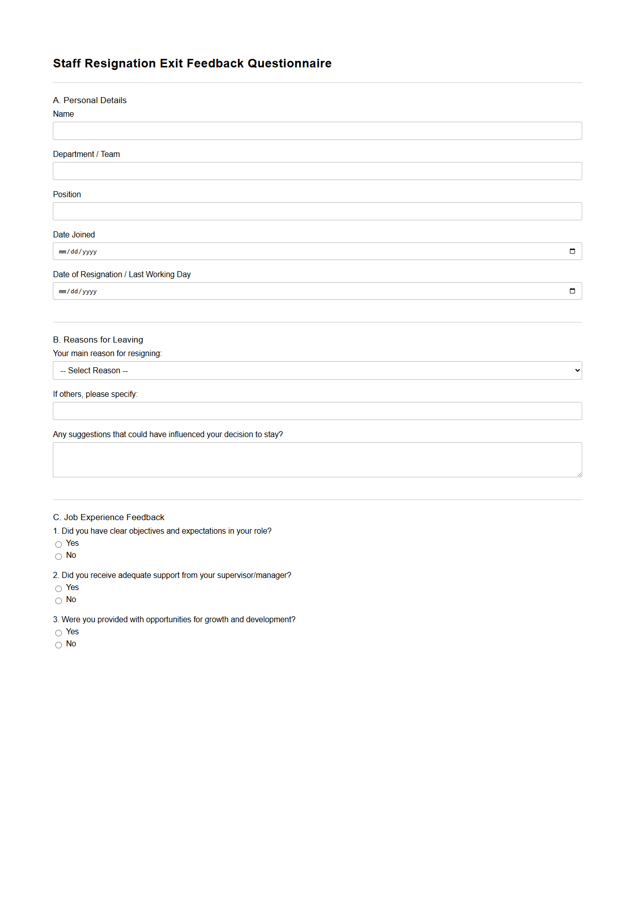 Staff Resignation Exit Feedback Questionnaire