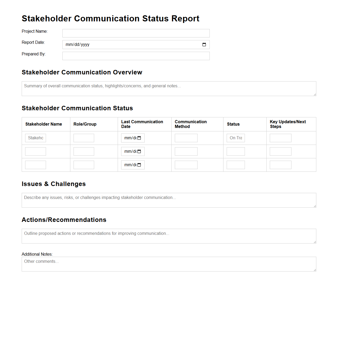 Stakeholder Communication Status Report Template