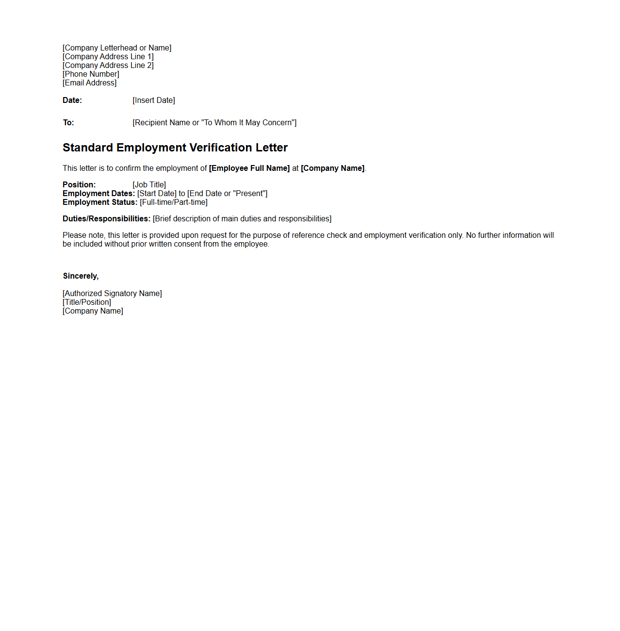 Standard Employment Verification Letter for Reference Check