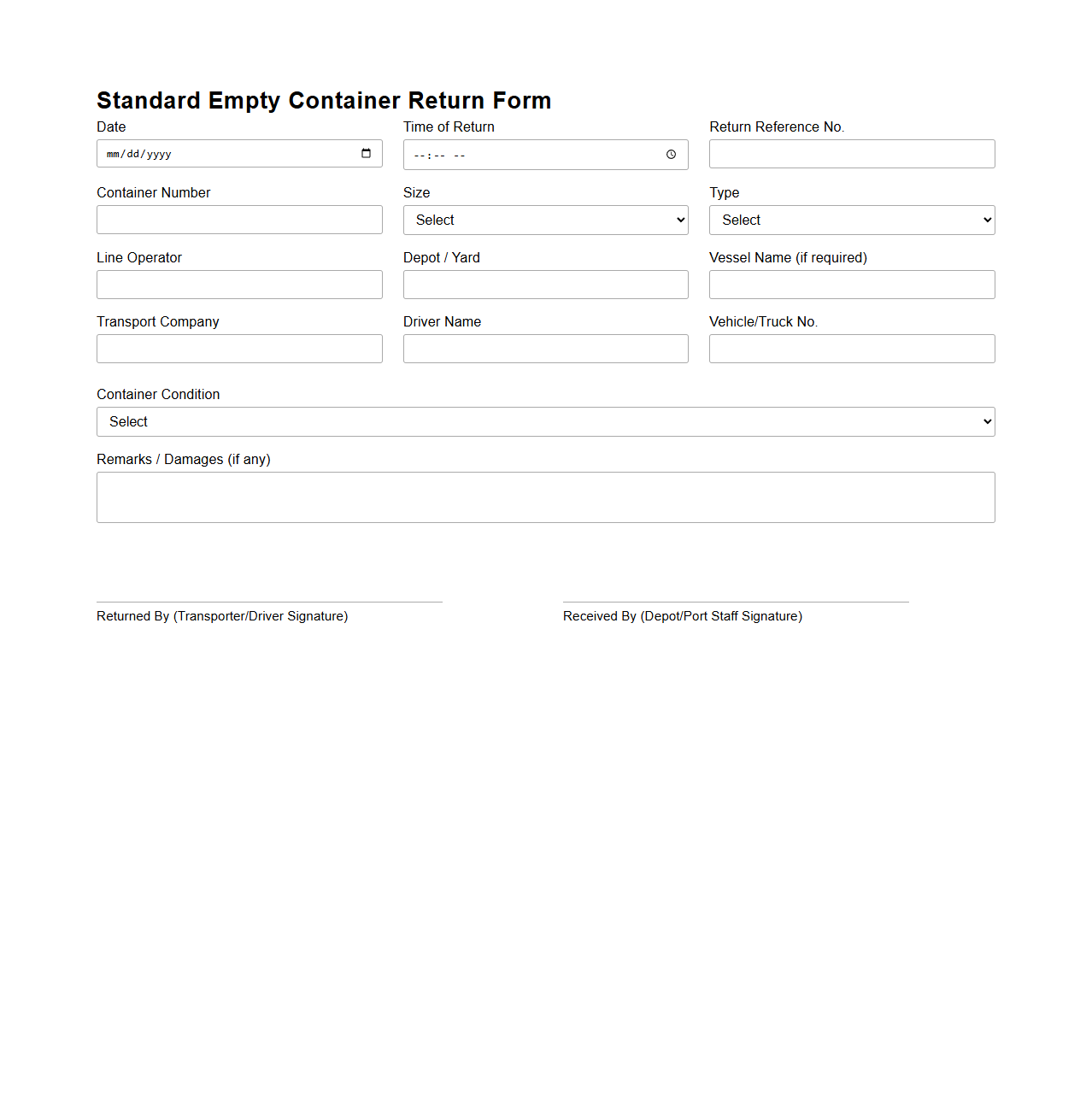 Standard Empty Container Return Form for Port Operations