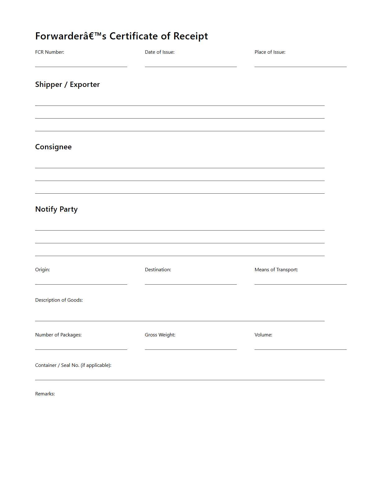 Standard Forwarder’s Certificate of Receipt Template for Shipping Agents