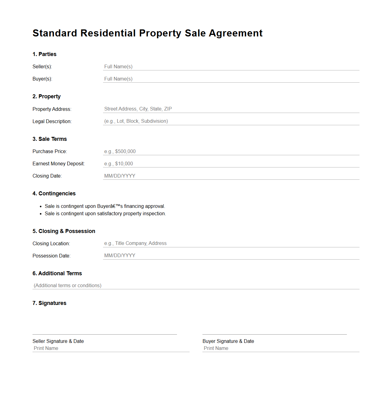 Standard Residential Property Sale Agreement