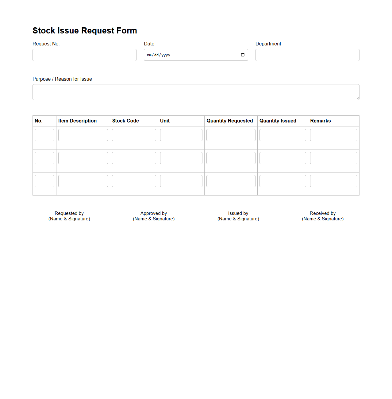 Stock Issue Request Form for Inventory Control