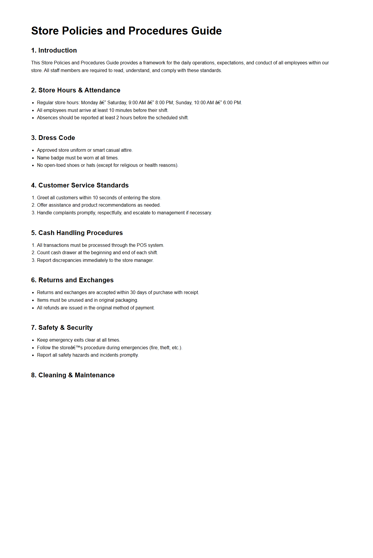 Store Policies and Procedures Guide Sample