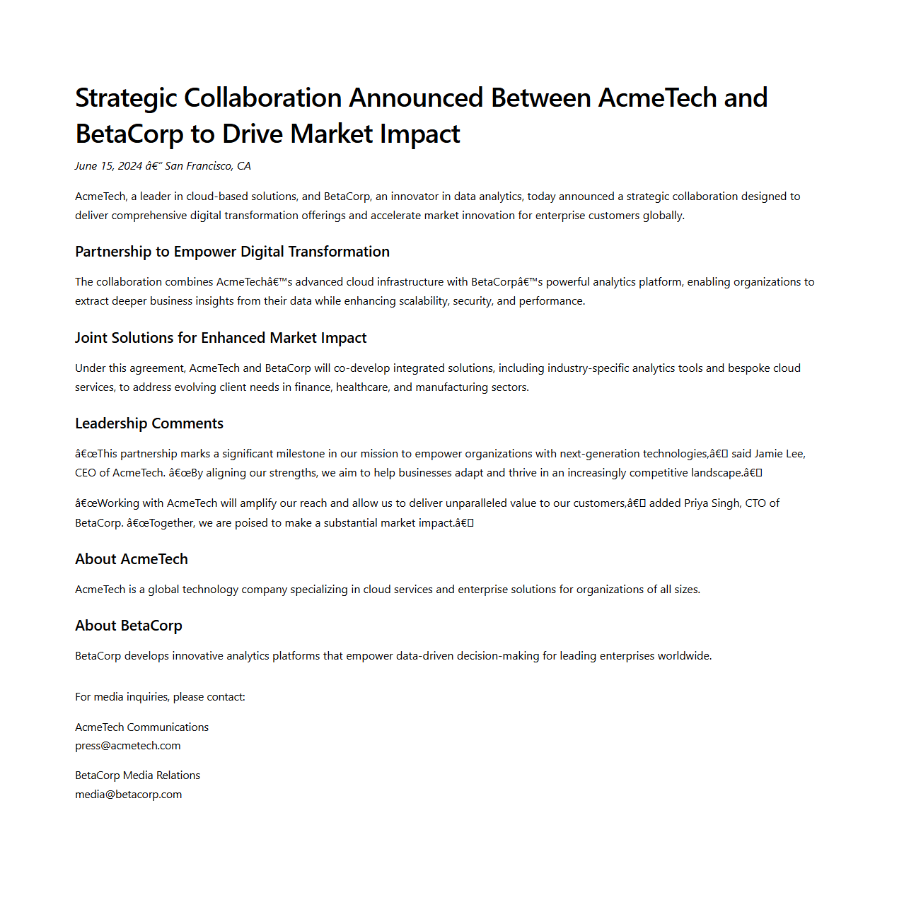 Strategic Collaboration Press Release Example for Market Impact