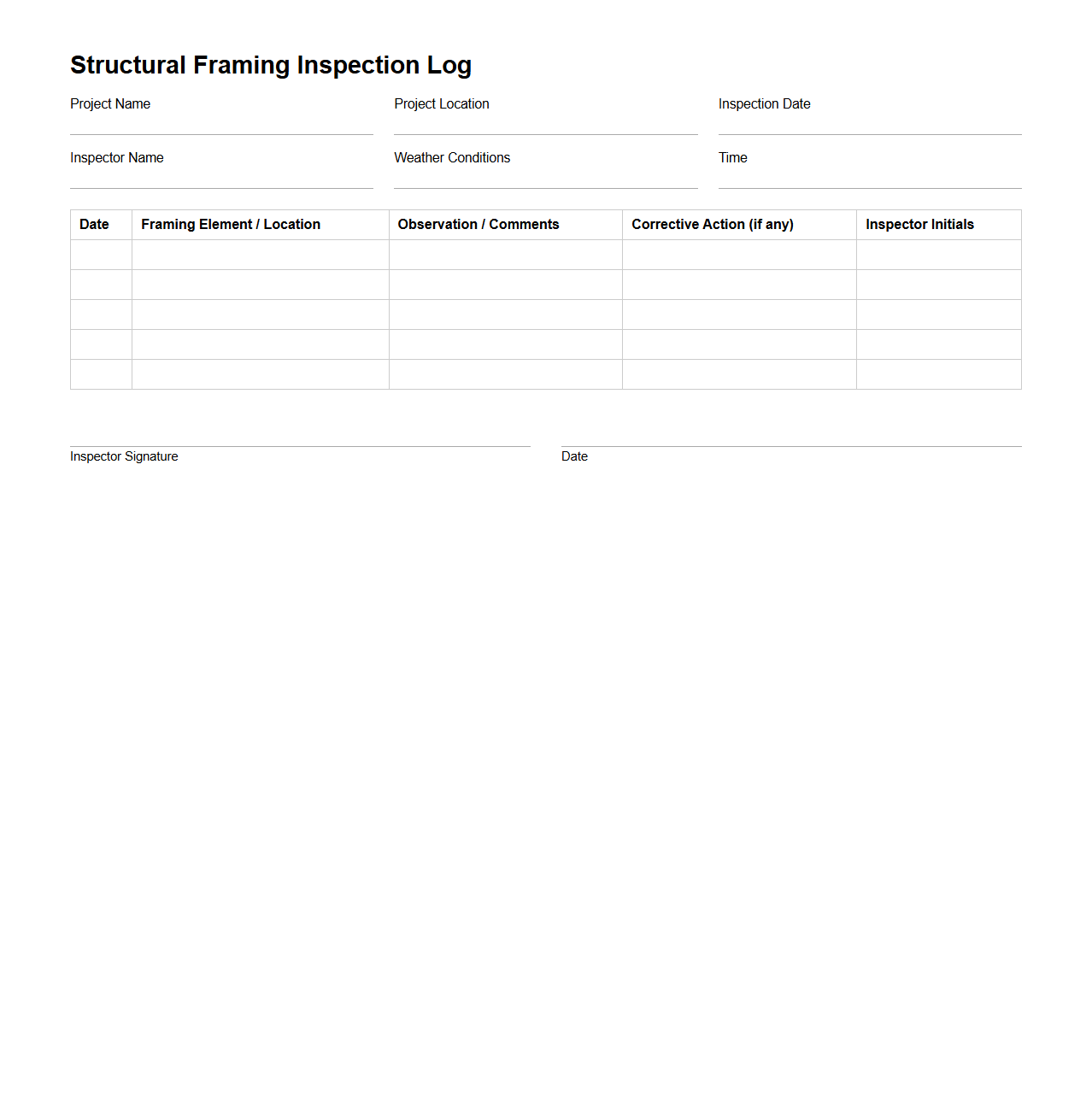 Structural Framing Inspection Log