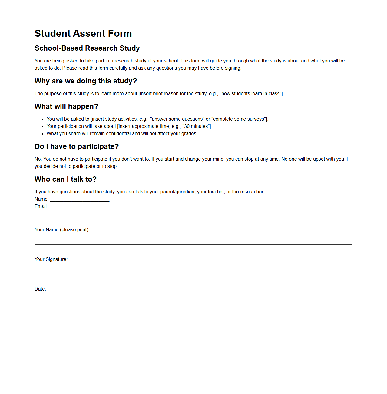 Student Assent Form for School-Based Research Studies