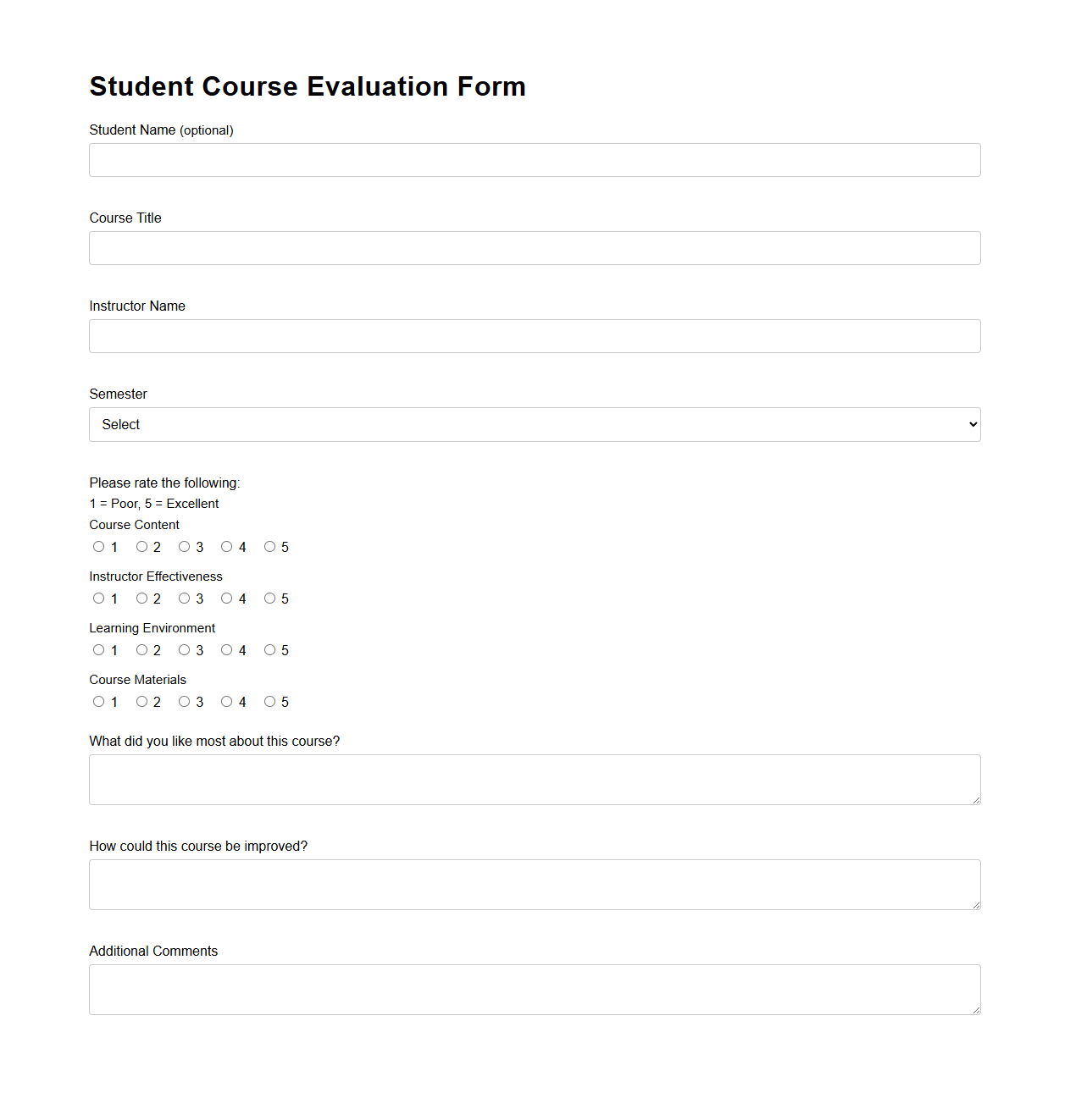Student Course Evaluation Form Template