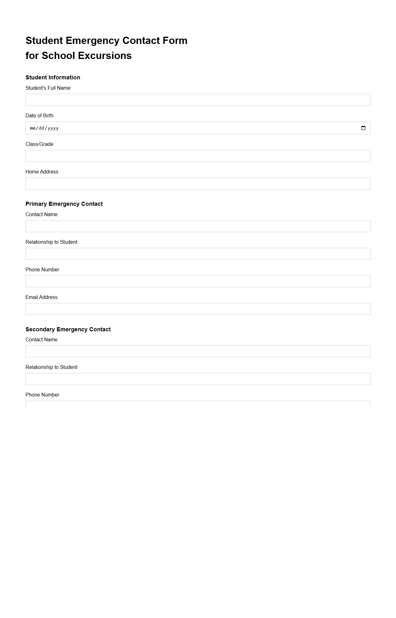Student Emergency Contact Form for School Excursions