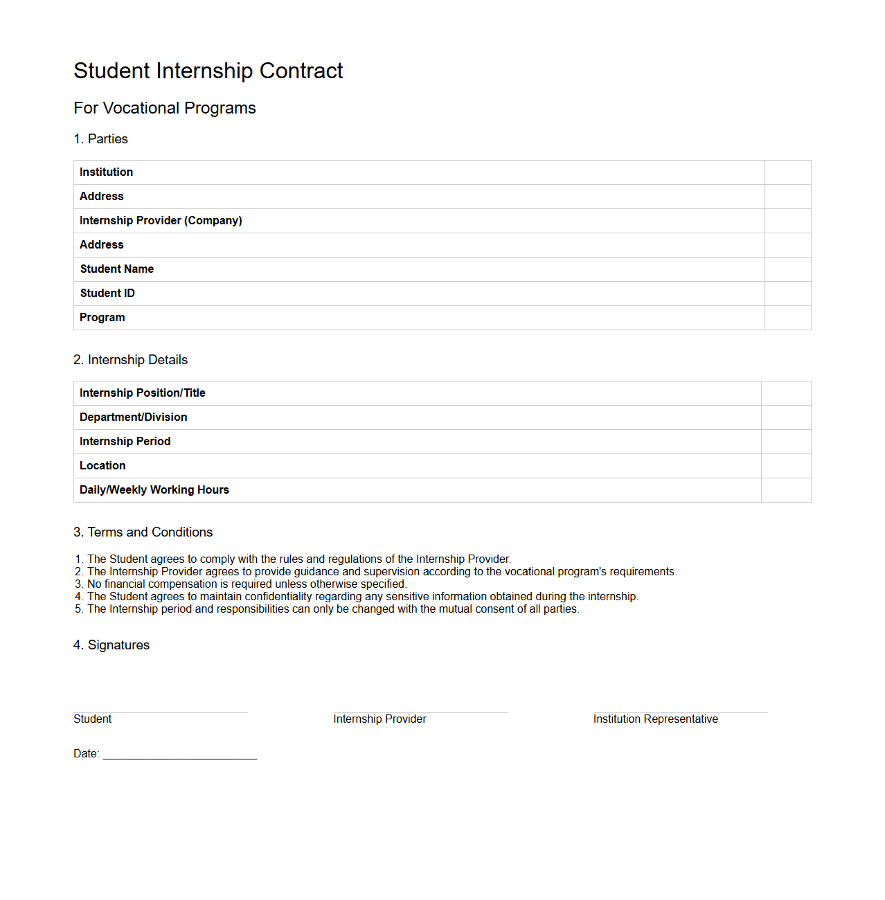 Student Internship Contract for Vocational Programs