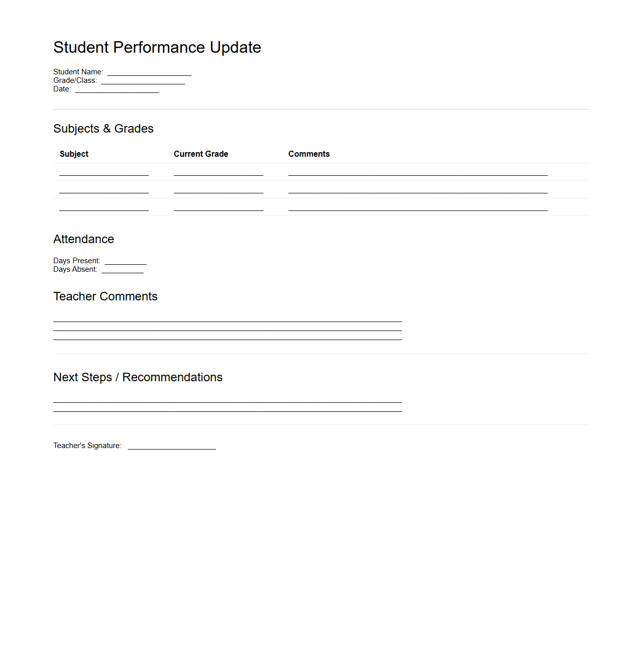 Student Performance Update for Parents