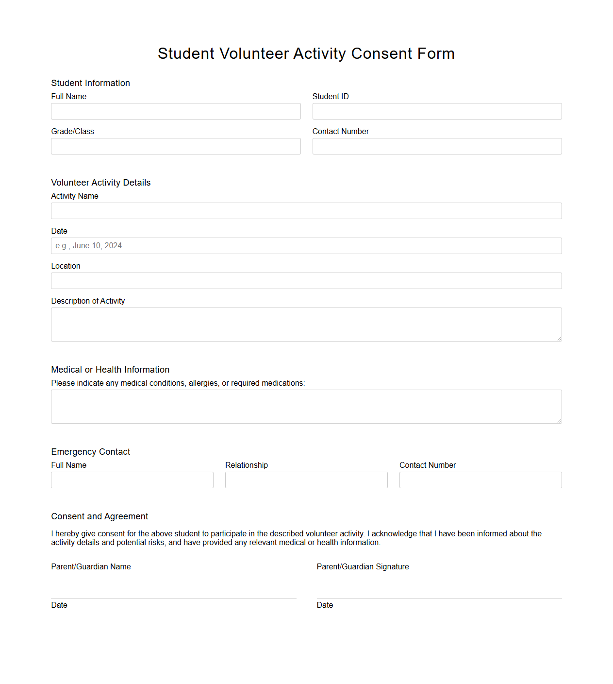 Student Volunteer Activity Consent Form