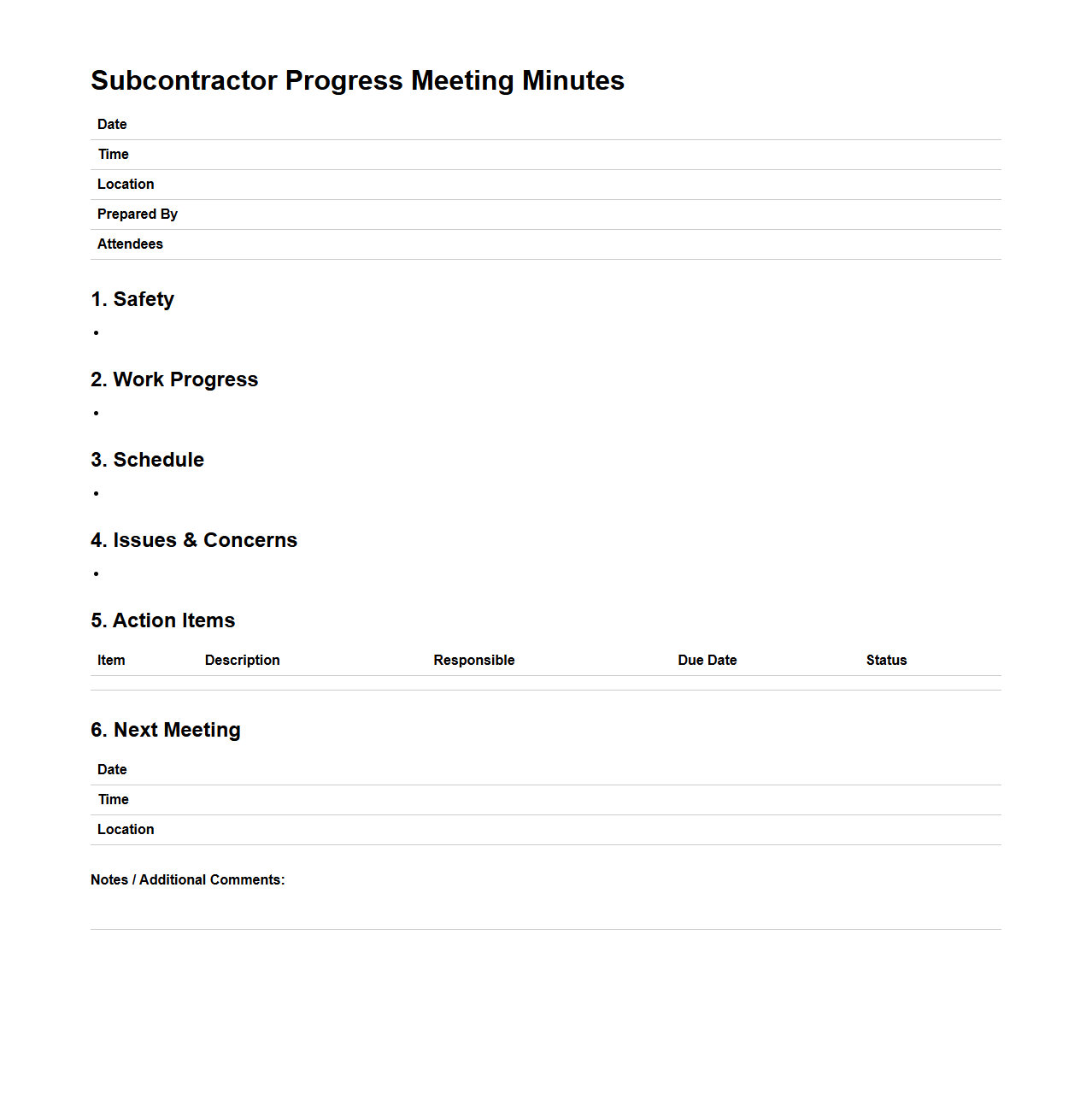 Subcontractor Progress Meeting Minutes Example