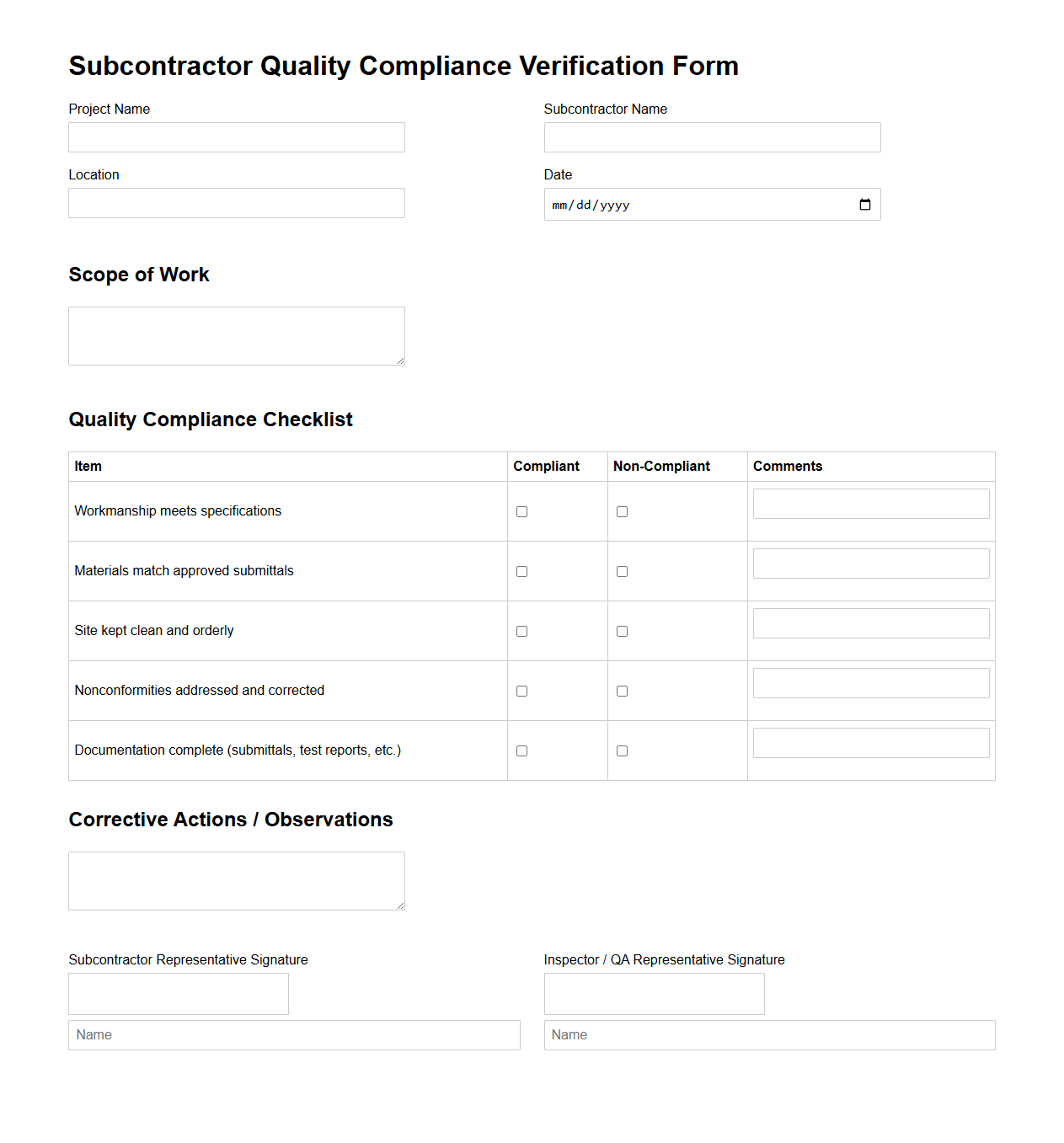 Subcontractor Quality Compliance Verification Form