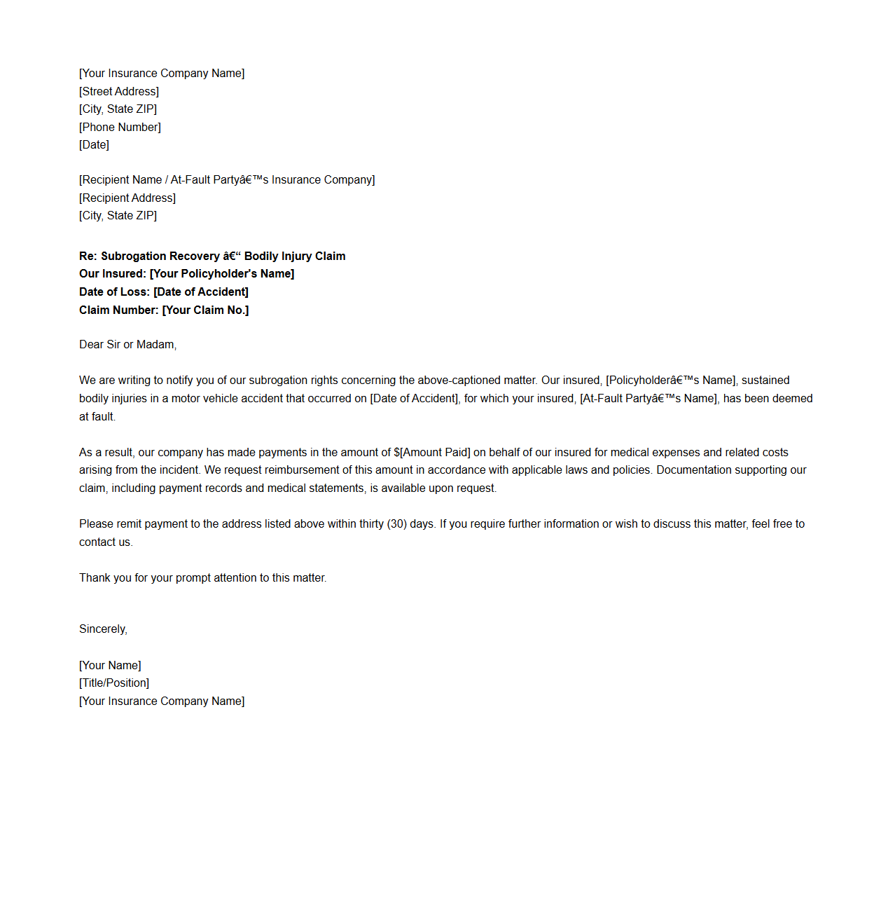 Subrogation Recovery Letter for Bodily Injury Claim