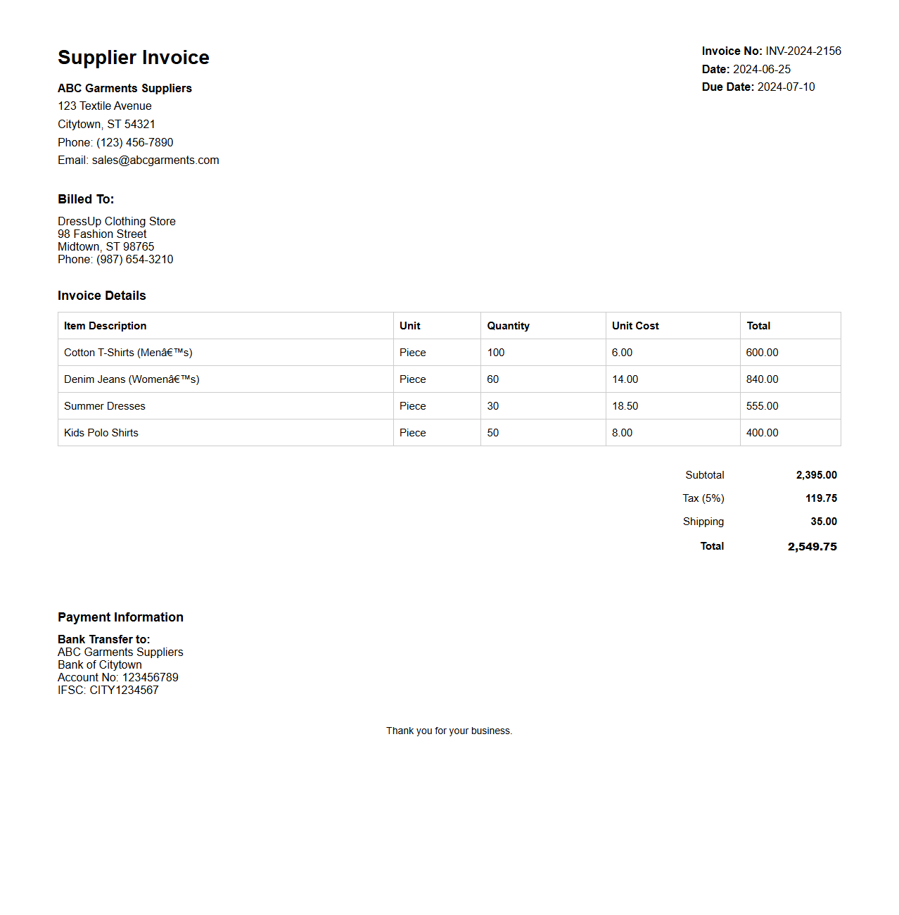 Supplier Invoice Sample for Clothing Store